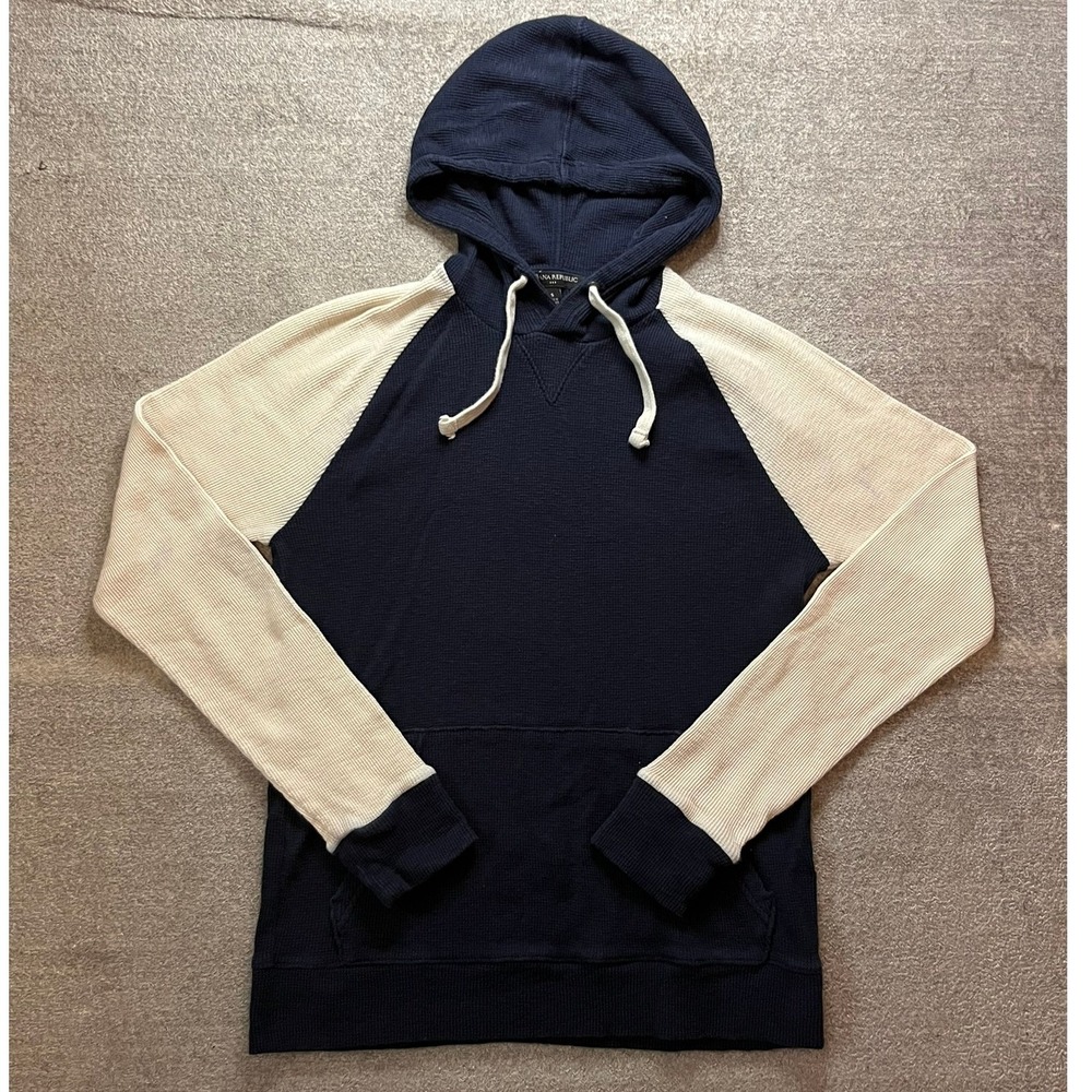 Banana Republic Mens Waffle Knit Raglan Hoodie Navy Blue Cream Small